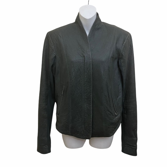 VEDA Leather Biker Jacket Dark Olive Green Size Large - Picture 15 of 15